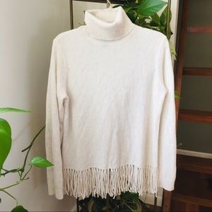 Aqua cashmere turtleneck with fringe NWOT